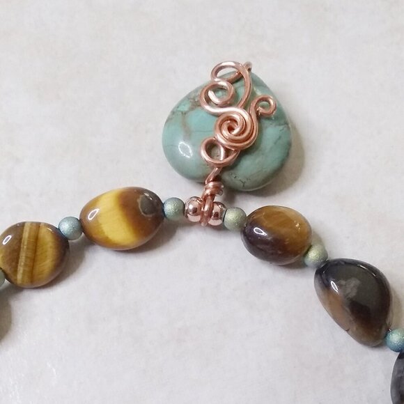 Unique Tigereye & Wire Wrapped African Turquoise Heart Bracelet - Gift for Her! - Picture 4 of 5